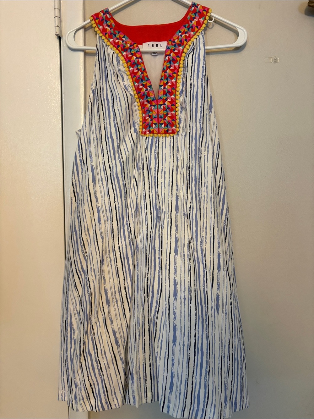 THML White and Blue Striped Sleeveless Dress with Multicolor Embroidered V-Neck